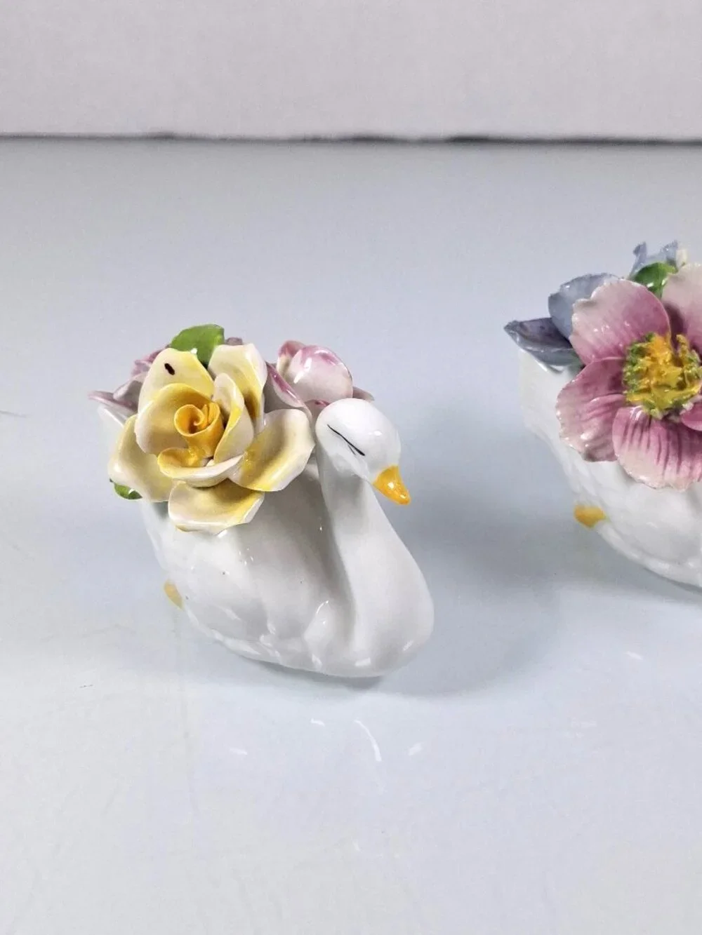 Vintage Jon Anton Fine Bone China Swan Figurines With Floral Bouquets